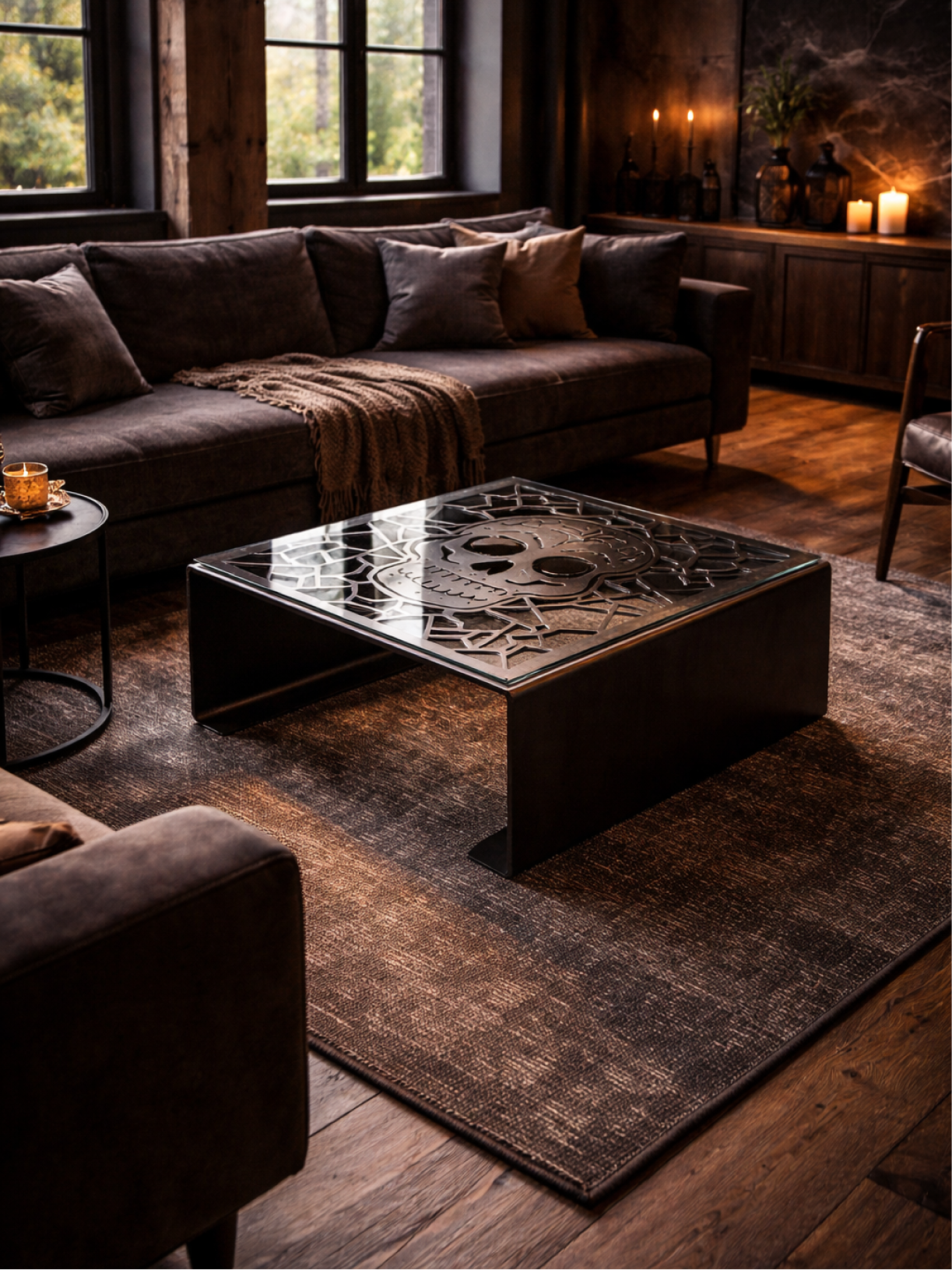 Möbelloft Couchtisch Skull im großzügigen Loft-Wohnzimmer, atmosphärische Szene mit Fokus auf Glasplatte und Totenkopf