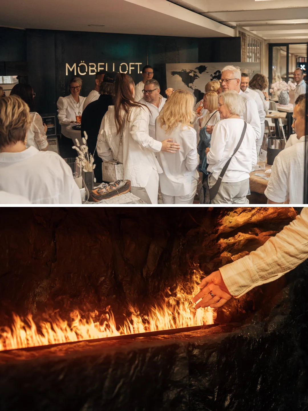 Gäste bei einem Event im Möbelhaus MÖBELLOFT, Kamin mit Flammenbild, Raumplanung für Büro und Zuhause in Essen