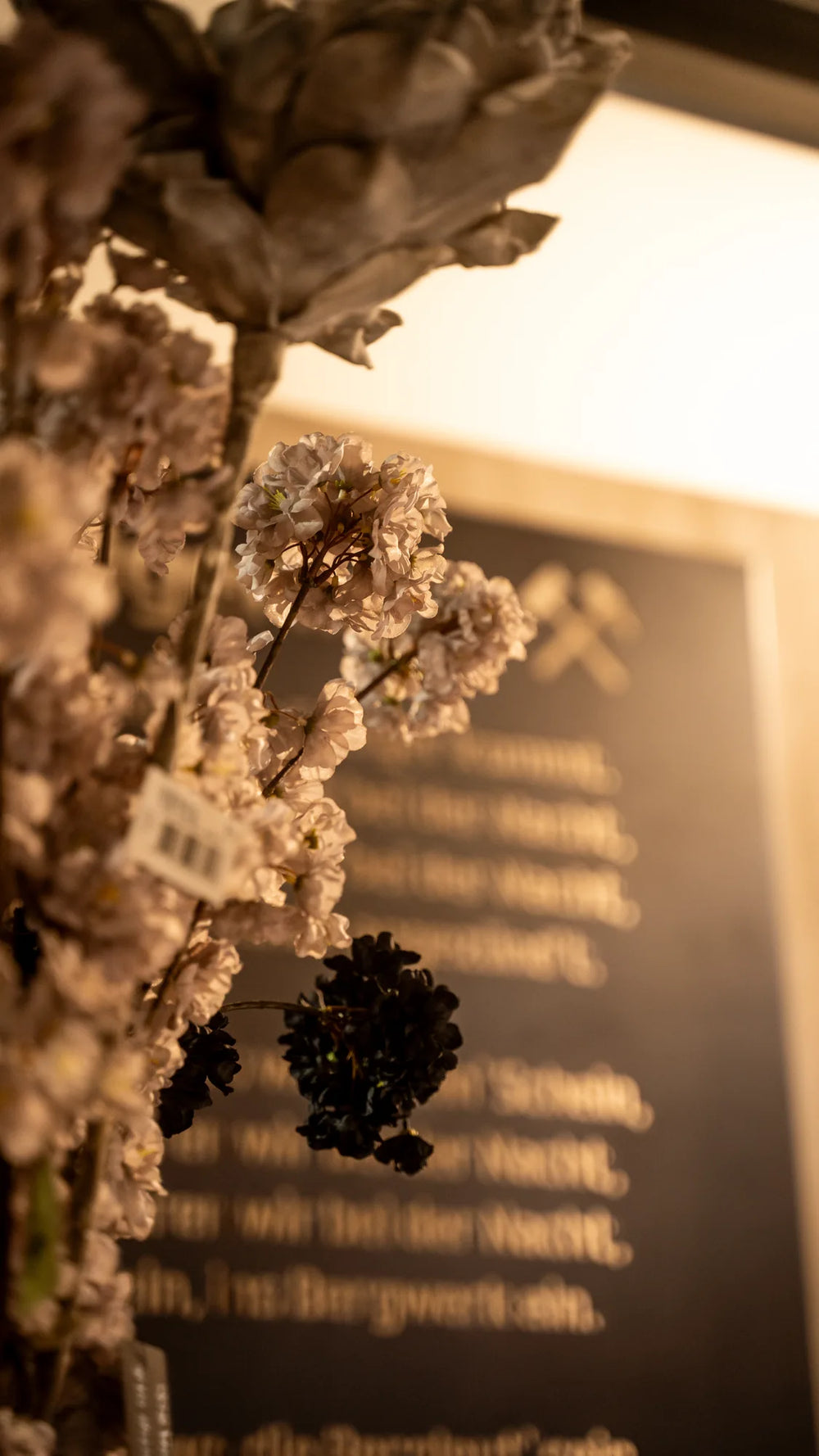 Getrocknete Blumen vor beleuchteter Tafel, moderne Einrichtung im Möbelladen MÖBELLOFT auf Zeche Zollverein