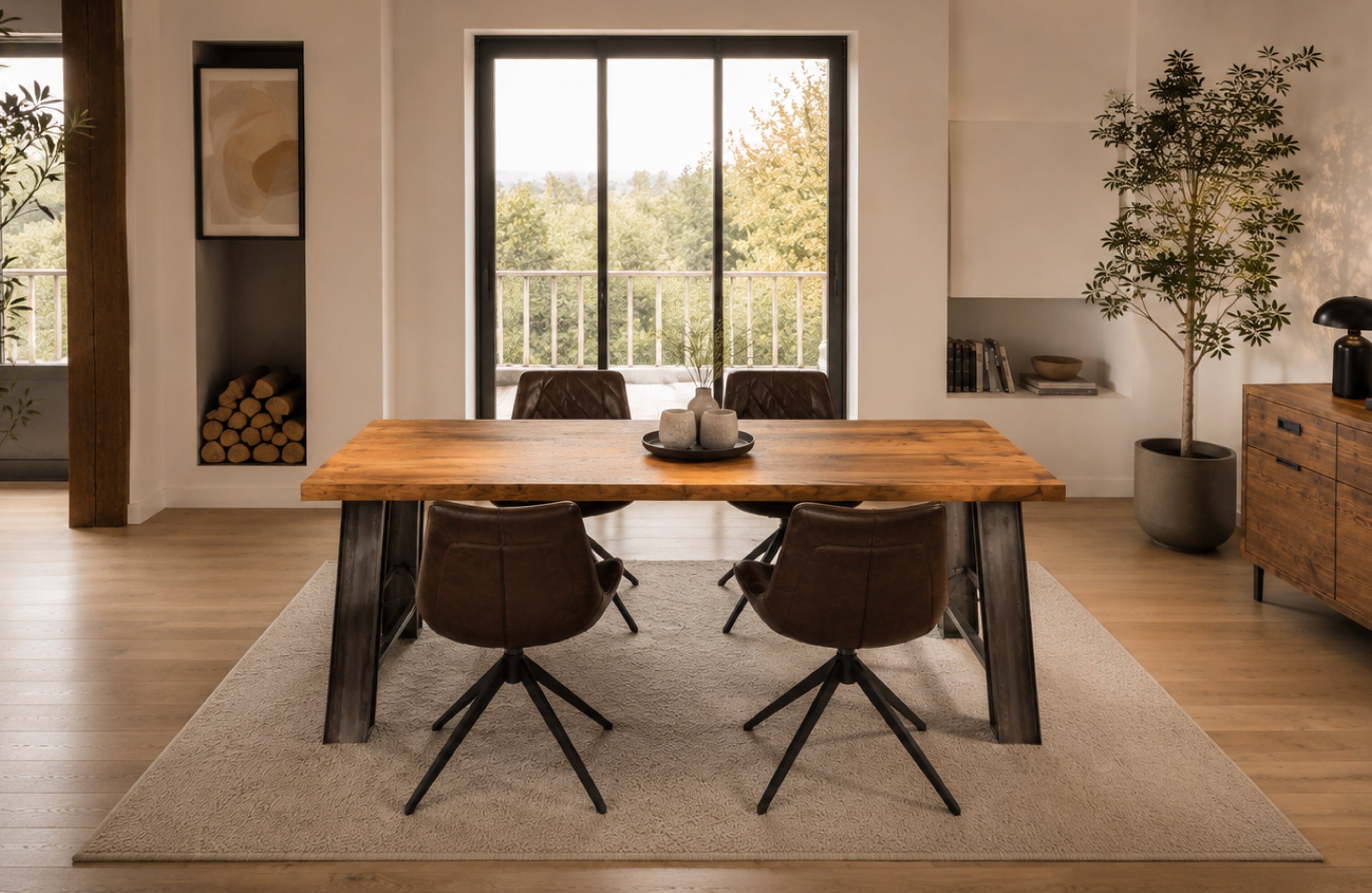 Altholz-Esstisch von Möbelloft mit massivem Stahlgestell in frontaler Ansicht in einem modernen Esszimmer