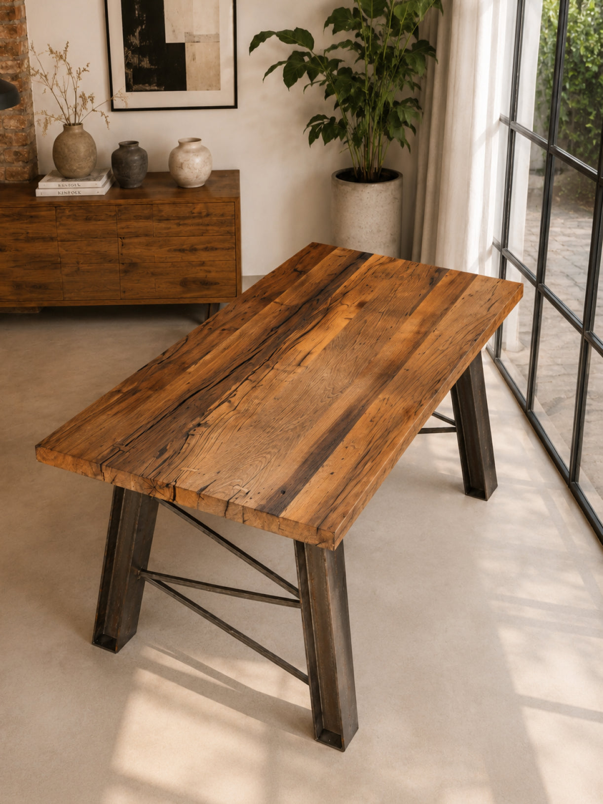 Altholz-Esstisch aus schräger Perspektive mit sichtbarer Maserung, Rissen und charaktervoller Holzoberfläche
