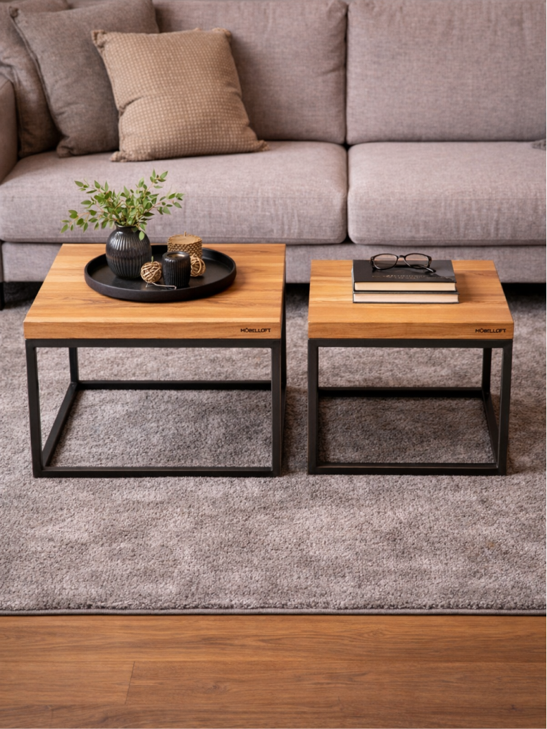 Möbelloft Beistelltisch „Klassiker“ im Wohnzimmer – Set aus klein (50x50) und groß (70x70) aus Eiche mit Stahlgestell, Frontalansicht
