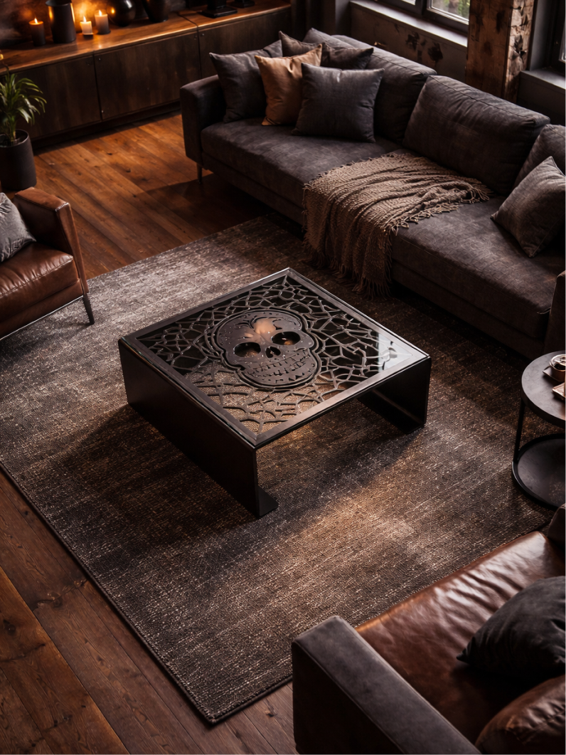 Möbelloft Couchtisch Skull im dunklen Loft-Wohnzimmer, Top-Down-Ansicht mit Glasplatte und Totenkopf-Motiv