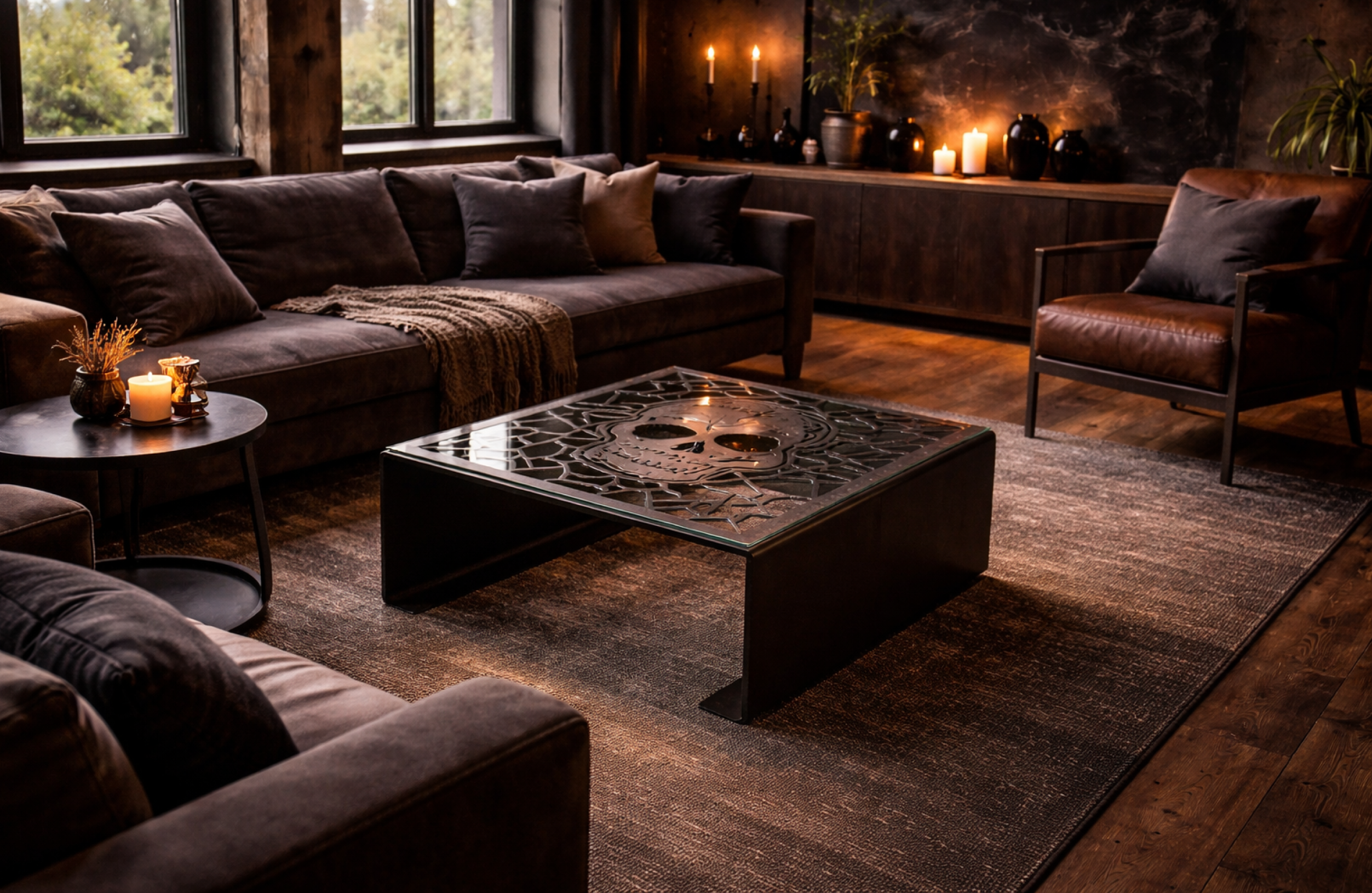 Möbelloft Couchtisch Skull im großzügigen Loft-Wohnzimmer, atmosphärische Szene mit Fokus auf Glasplatte und Totenkopf