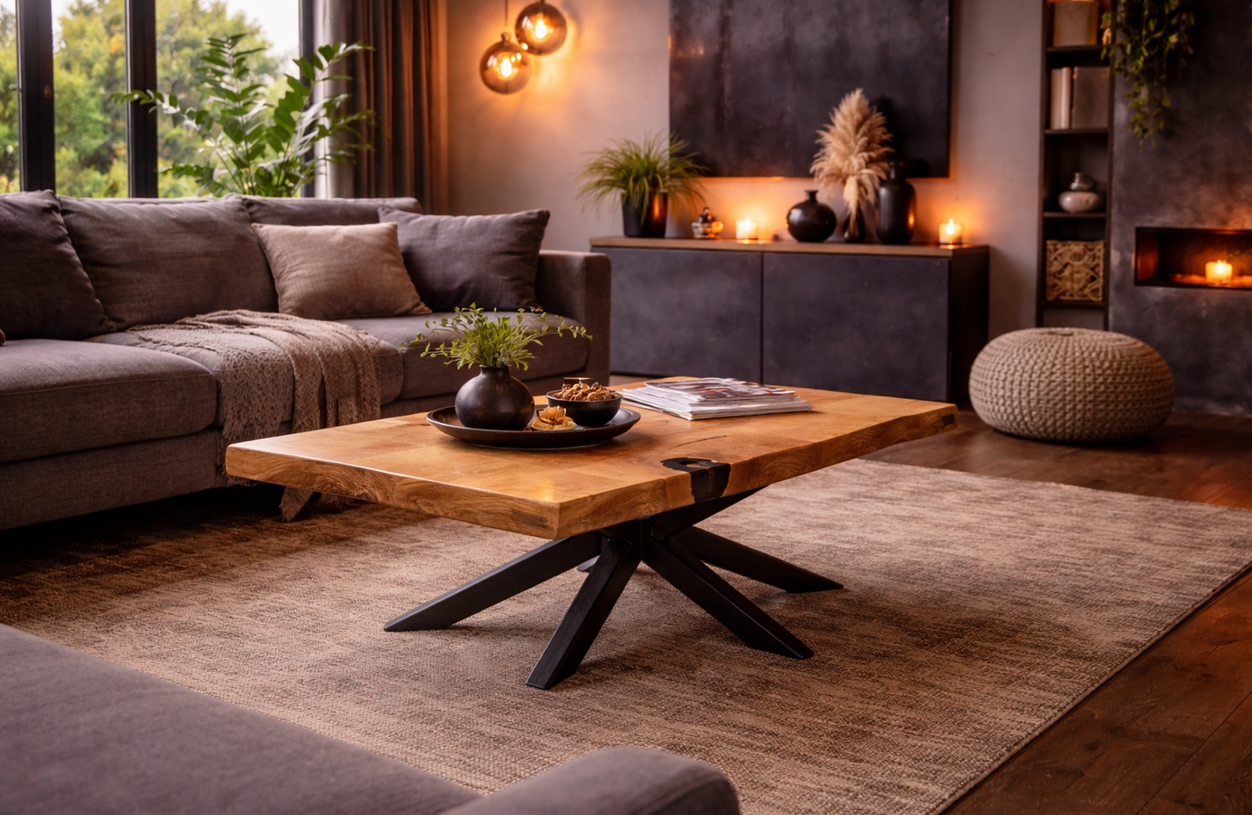 Wildeiche Couchtisch Stern von Möbelloft im warmen Wohnzimmer-Ambiente mit viel Umgebung
