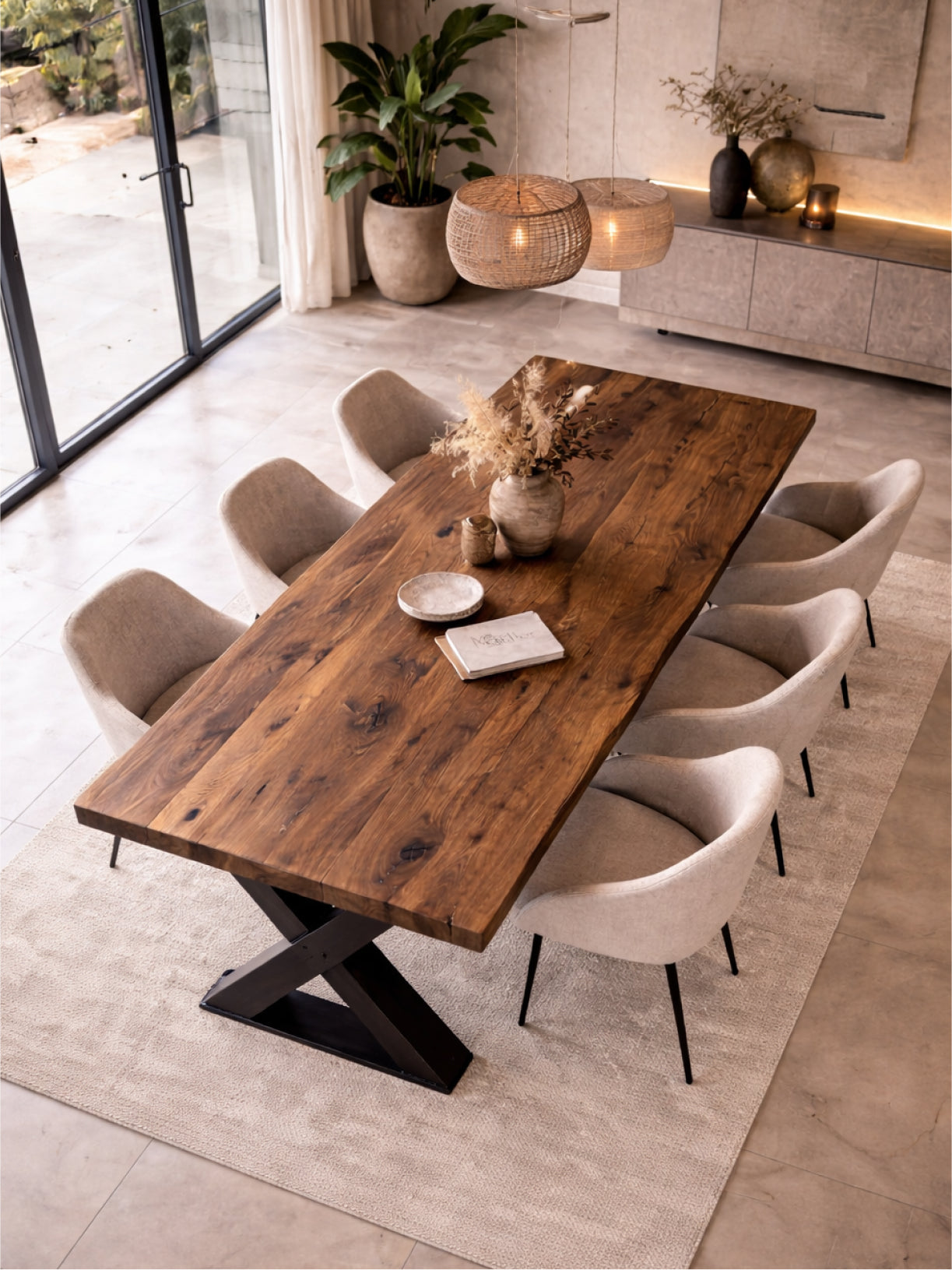 Möbelloft Tisch aus Räuchereiche mit Stahlgestell – Top-Down-Ansicht im Esszimmer, Tischplatte mit lebendiger Maserung im Raumkontext