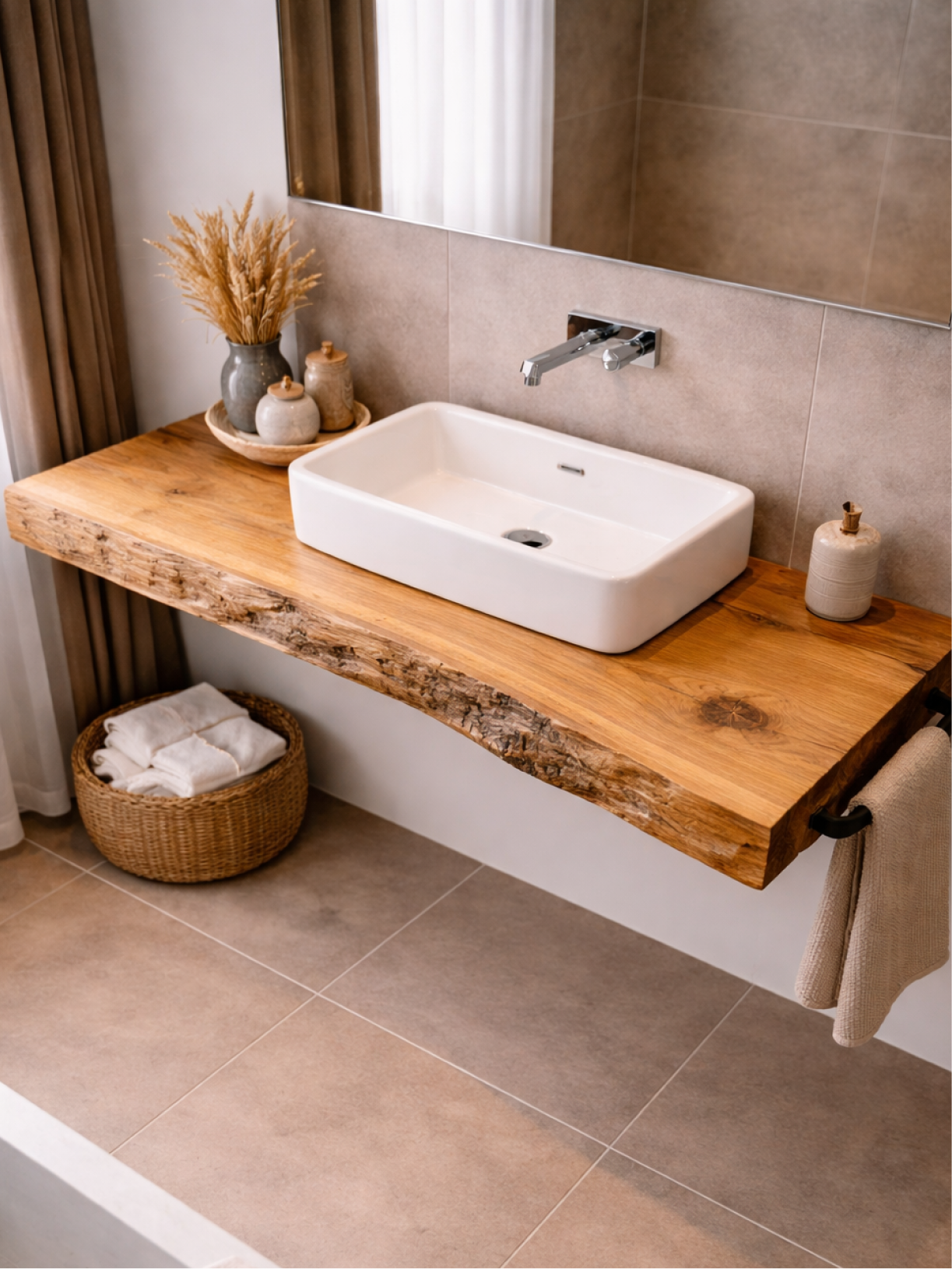 Naturunikat Waschtisch aus Wildeiche mit naturbelassener Baumkante und Aufsatzwaschbecken im Badezimmer
