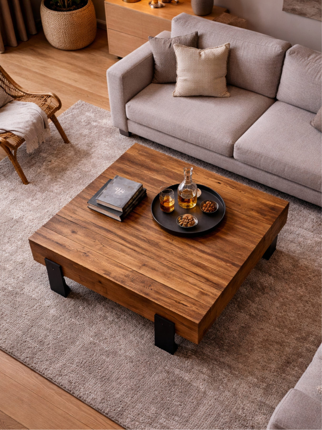 Möbelloft Couchtisch Oreo – Top-Down Ansicht im Wohnzimmer, Fokus auf die massive Holzplatte