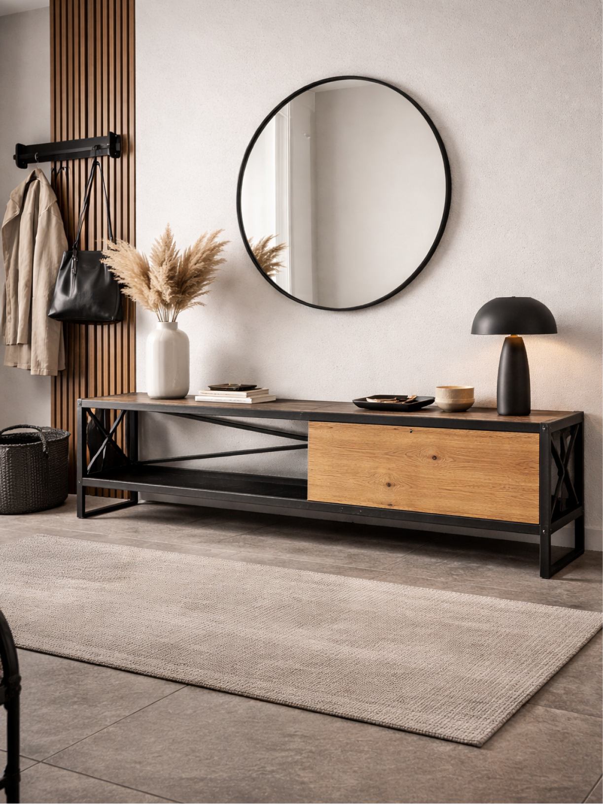 Steelikone Sideboard mit Wildeiche Schiebetür im modernen Eingangsbereich