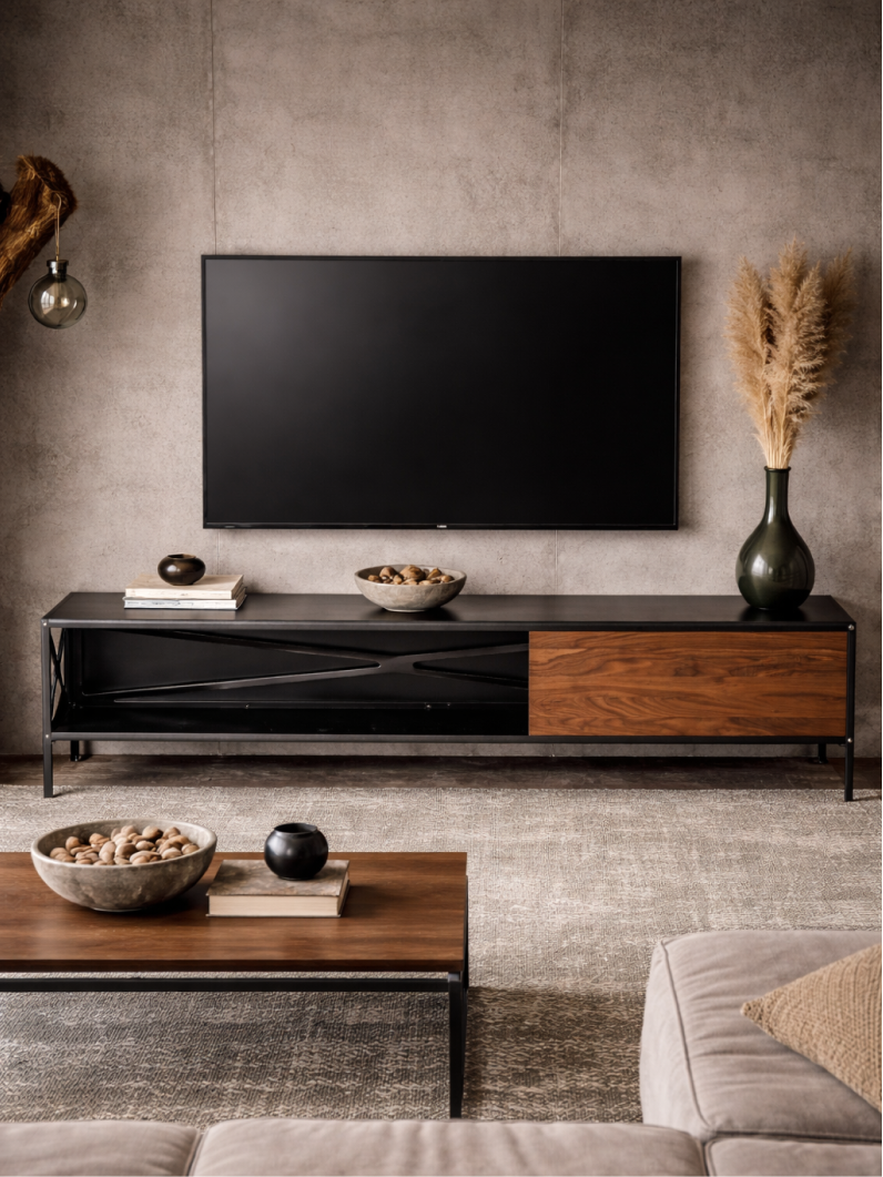 Steelikone Kommode mit Nussbaum Schiebetür unter Fernseher in modernem Wohnzimmer