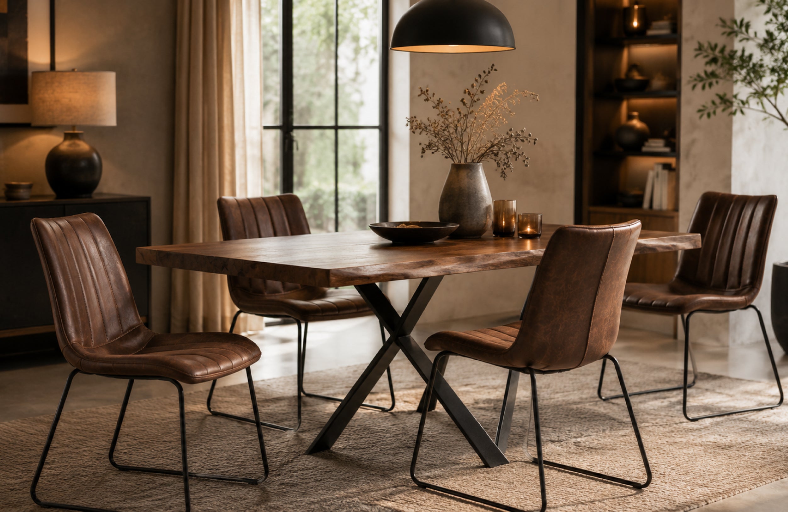 Stuhl Diego in mehrfacher Ausführung an einem Esstisch in einem stilvoll gestalteten Esszimmer mit warmer, wohnlicher Atmosphäre