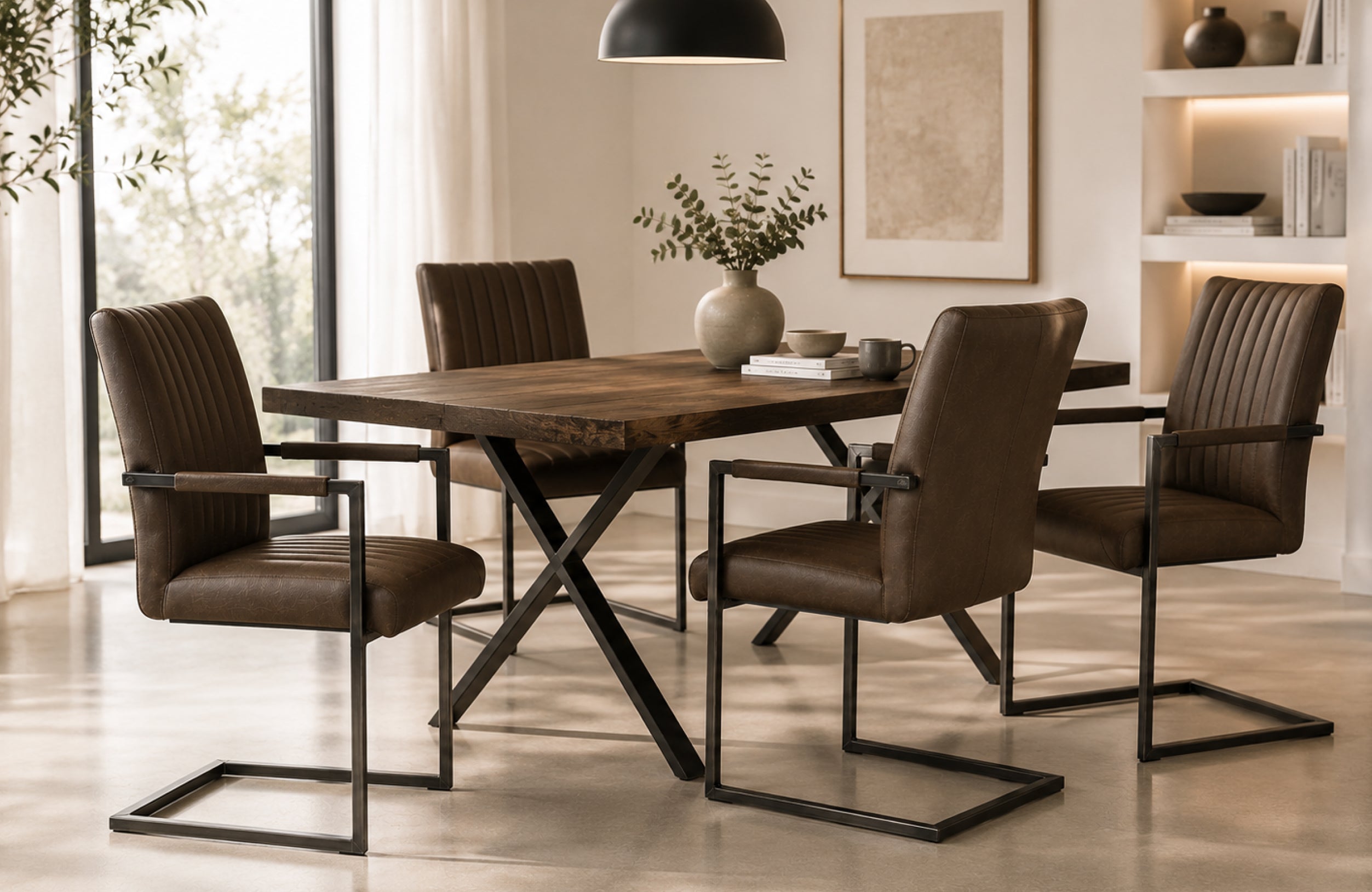 Stuhl Mikasa in mehrfacher Ausführung an einem Esstisch in einem hellen, modern gestalteten Esszimmer