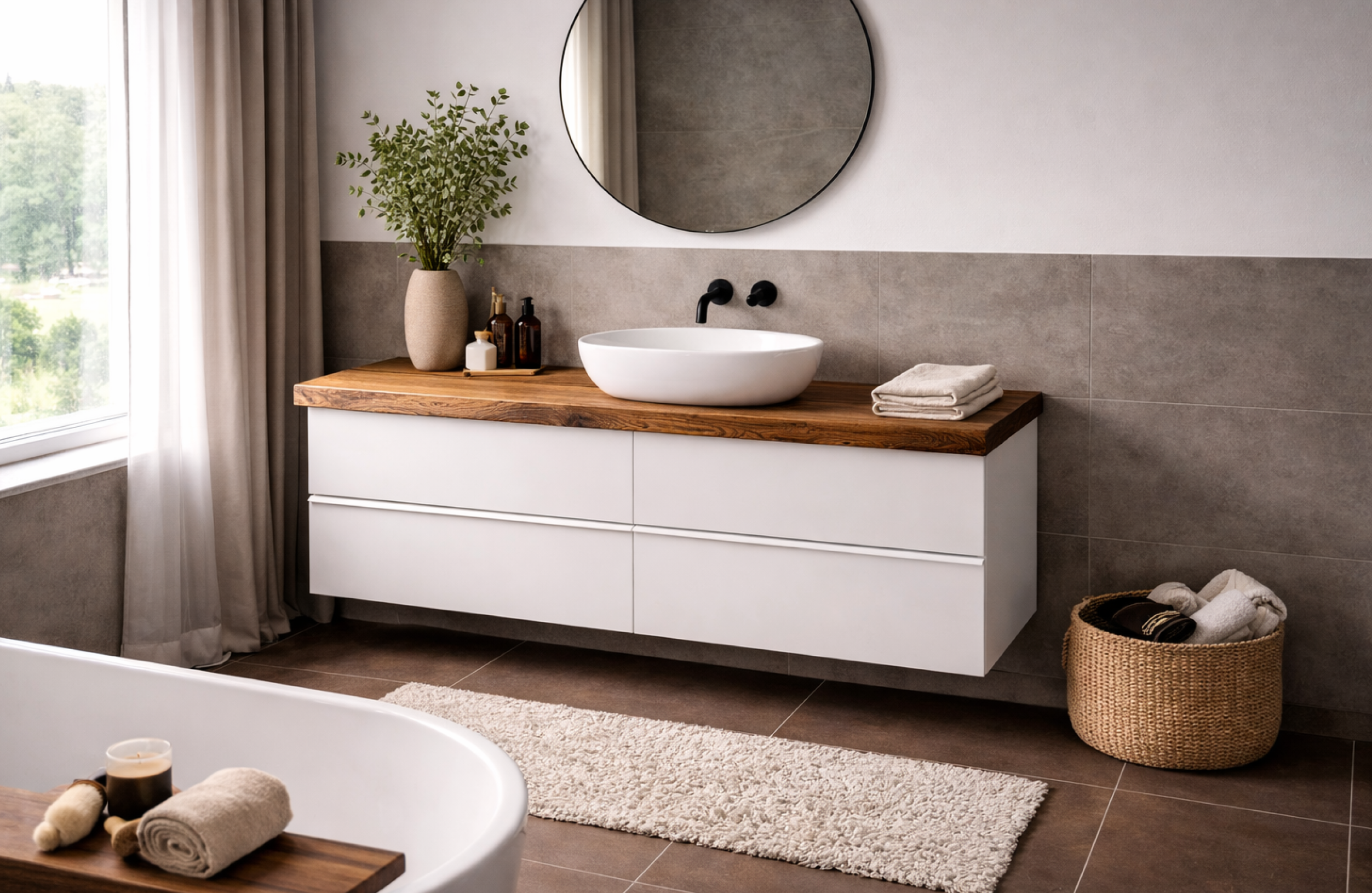 Waschtisch mit modernem weißem Korpus und Massivholzplatte im stilvollen Badezimmer mit Badewanne im Vordergrund